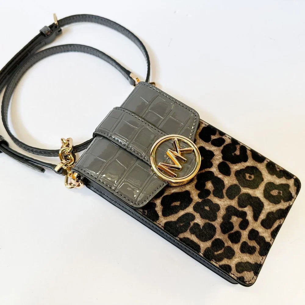 Michael Kors Gray Croc-Embossed & Leopard Phone Crossbody, like new, no tags